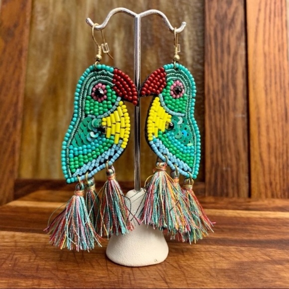 Multi Bead Sequin Parrot Tassel Dangle Earrings Turquoise Multi - Picture 6 of 6
